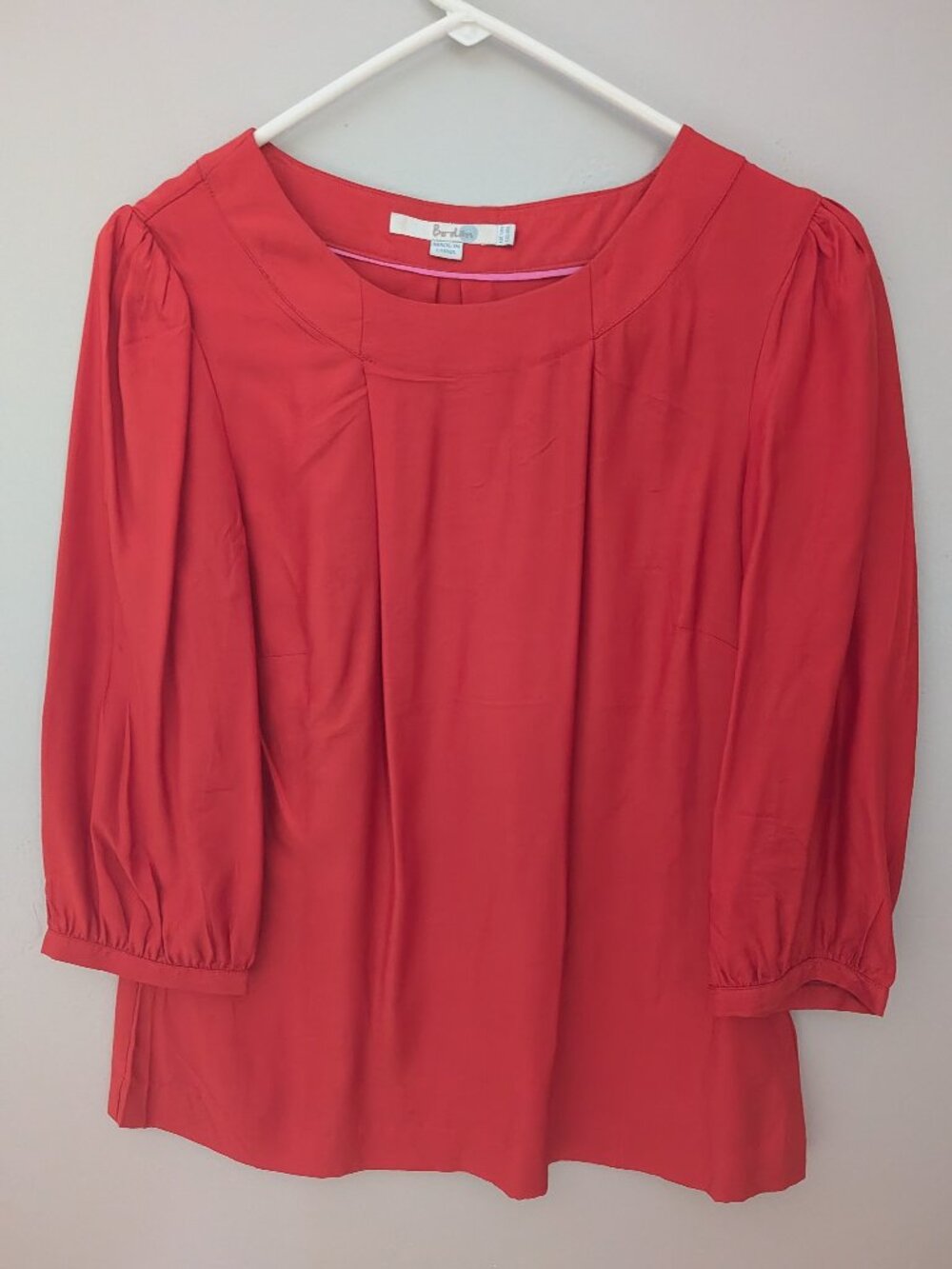 Boden Women's Poppy Red Scoop Neck Puff Sleeve Pleated Blouse Size US 8R